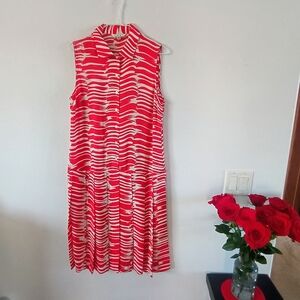 Cabi Red White Abstract Stripe Sleeveless Shirt Dress Button Front Women M 80